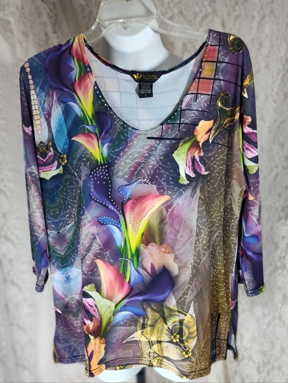 Valentina  Multicolor Floral On Black Scoop-Neck Tunic - Purple